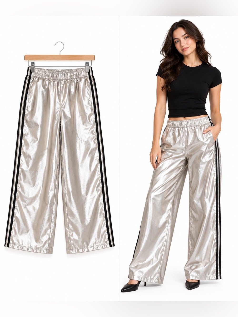 Metallic Silver Wide Leg Track Pants Black Stripe Size L